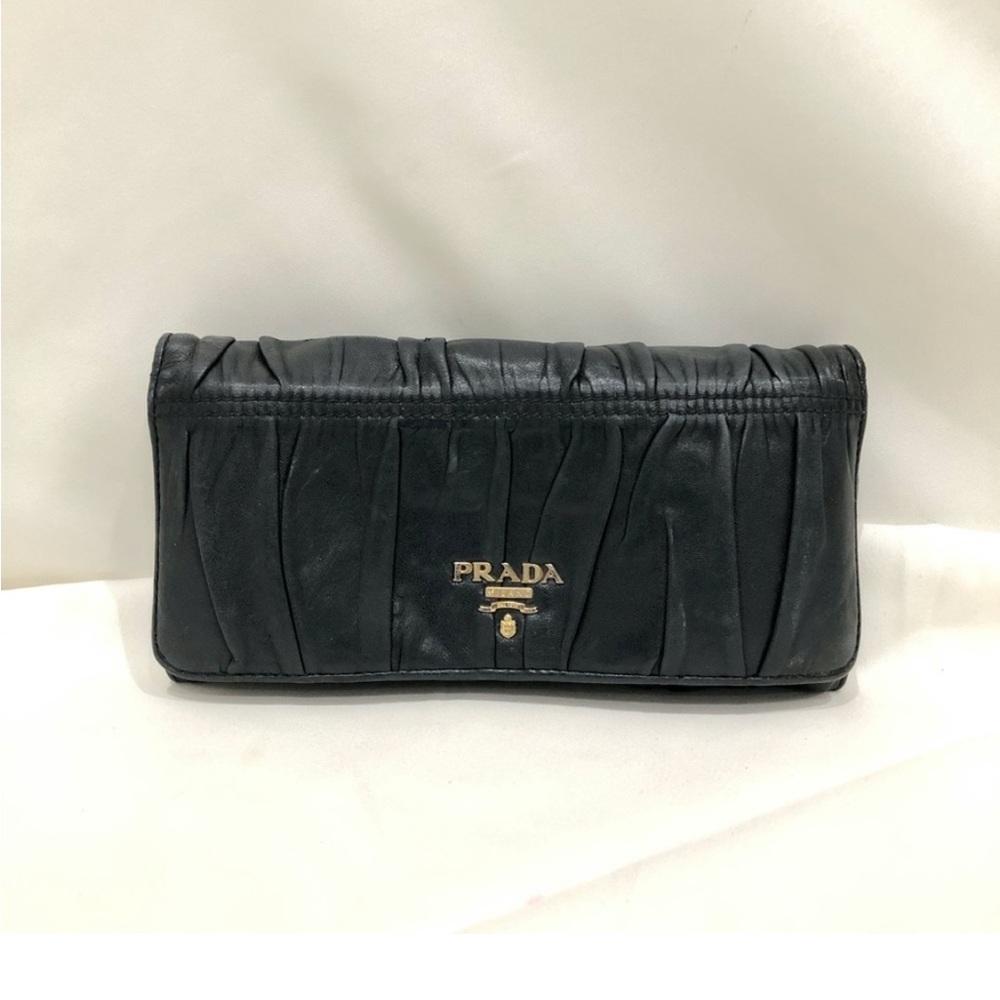 Prada Gathered Black Flap Leather Long Wallett